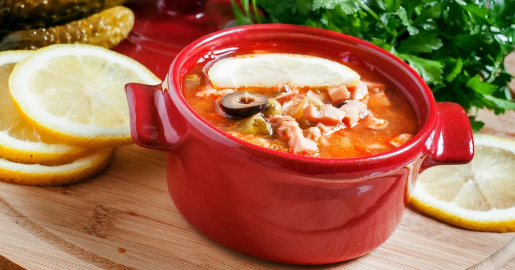 Soljanka Rezept – Würzige Soljanka-Suppe mit Fleisch, Tomaten und frischen Kräutern.