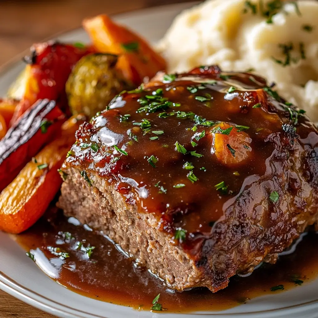 Ein saftiger Hackbraten mit Soße, frisch serviert auf einem Teller – das perfekte Hackbraten mit Soße Rezept für ein herzhaftes Abendessen.