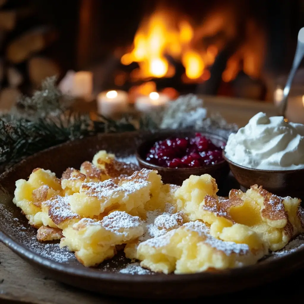 Fluffiger Kaiserschmarrn, bestäubt mit Puderzucker, serviert mit Beerenkompott und Schlagsahne, perfekt für ein Kaiserschmarrn Rezept