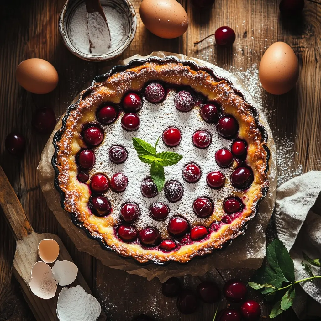 Ein köstliches Clafoutis Rezept mit saftigen Kirschen und goldbrauner Kruste, frisch aus dem Ofen.