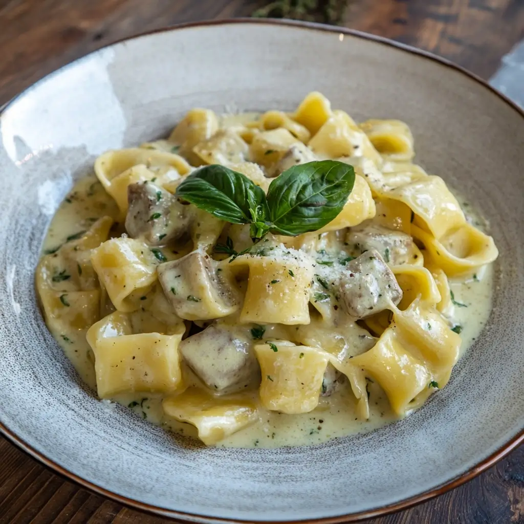 Rezept Trüffel Pasta auf einem Porzellanteller mit Parmesan und Goldflocken, serviert in einem eleganten Restaurant