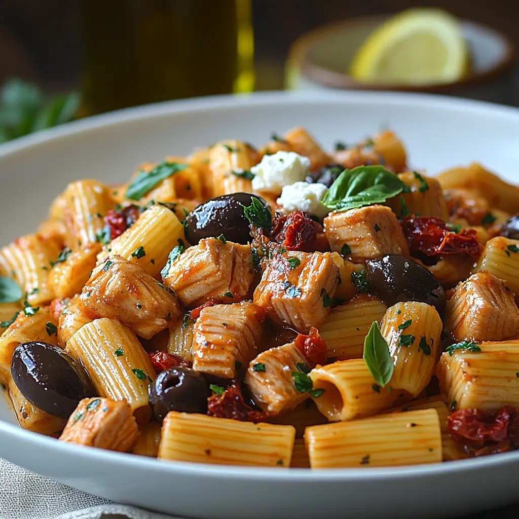 Thunfisch Rezepte: Mediterrane Thunfisch Pasta mit Thunfisch, Oliven und getrockneten Tomaten in einer reichhaltigen Olivenölsoße, garniert mit frischer Petersilie