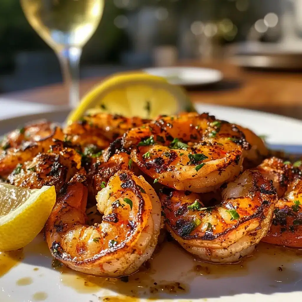 Garnelen Rezept: Garnelen auf dem Grill, leicht angebräunt, mit Kräutern und Zitronenscheiben