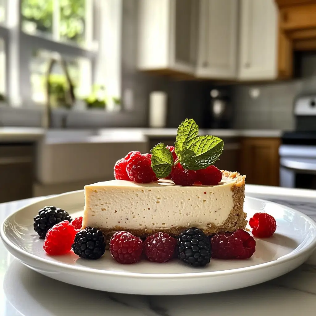 Klassisches Cheesecake Rezept – Nahaufnahme eines köstlichen Cheesecakes mit Beeren und Minzblättern auf einem weißen Teller.