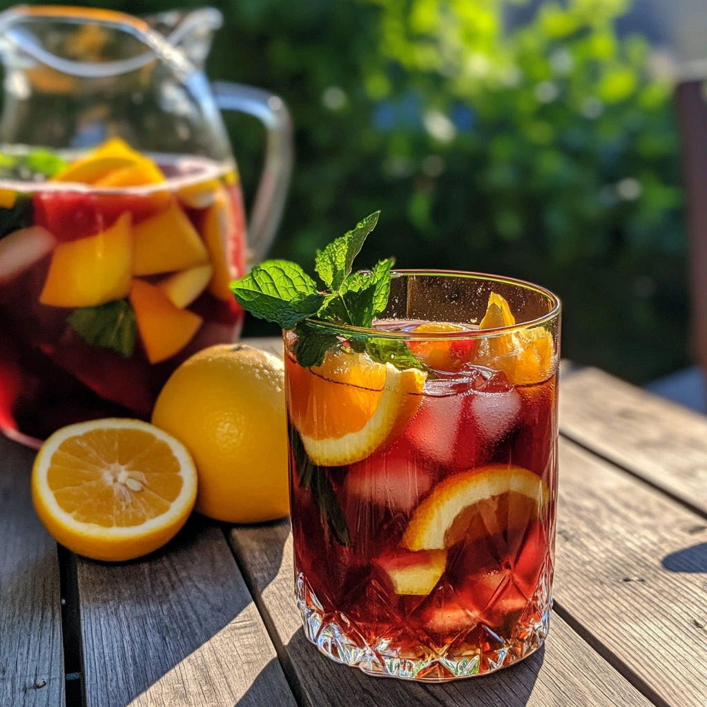 Erfrischendes Sangria Rezept serviert in einem Glas mit Früchten.